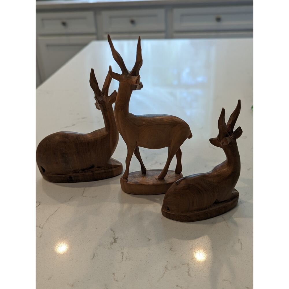 Carved Antelopes Set Of 3 Teak Wood Sculptures Hand carved Safari African... - Picture 8 of 14